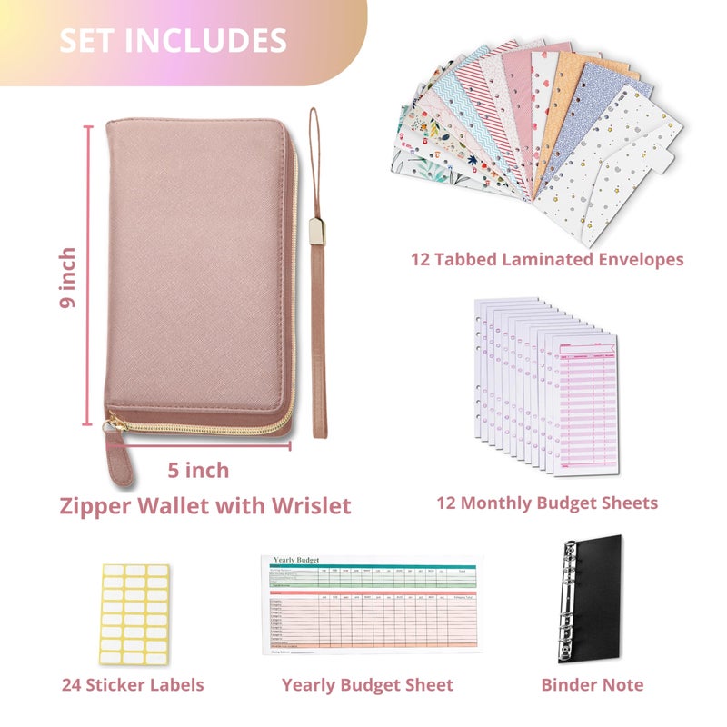 THREE WAY CUT Cash Envelope Wallet Rose Gold All in One Budget System RFID Blocking with 12x Tabbed Cash Envelopes, 12x Monthly Budget Cards 1x Yearly Budget Planner Sheet Complete Money Organizer Set for Cash - Image 2